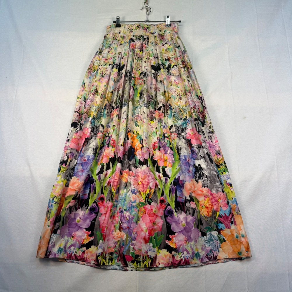 Ranna Gill Floral Maxi Skirt  XS Multi Color Pleated A-Line Long Lined Skirt